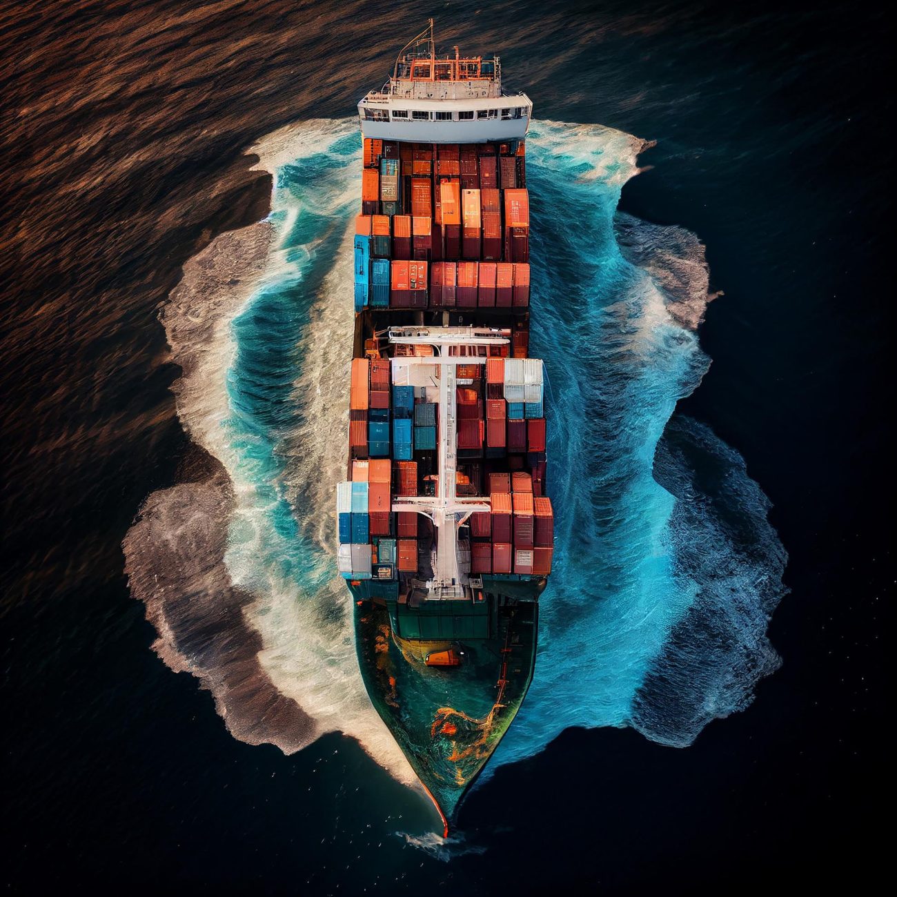 Aerial view of a large cargo ship filled with colorful containers sailing on the ocean, creating waves around its hull.