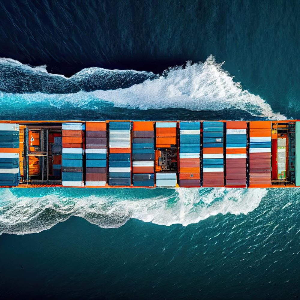 Aerial view of a large cargo ship loaded with colorful containers sailing through blue ocean waters.