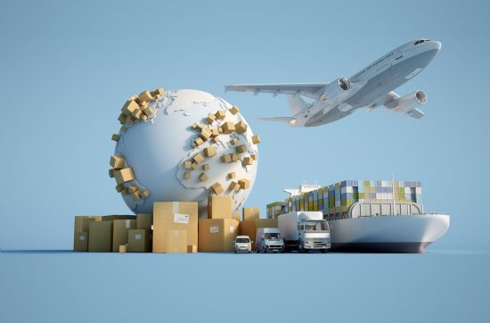 A globe surrounded by various shipping containers, trucks, a plane, and a cargo ship, representing global logistics and transportation.