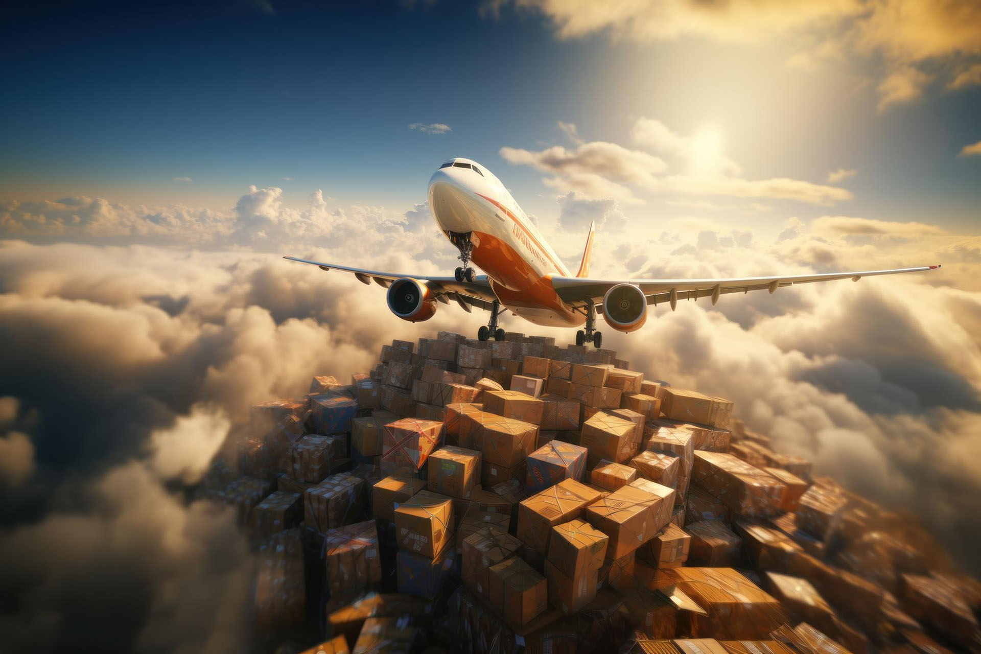 Airplane taking off from a mountain of cargo boxes above clouds at sunset.