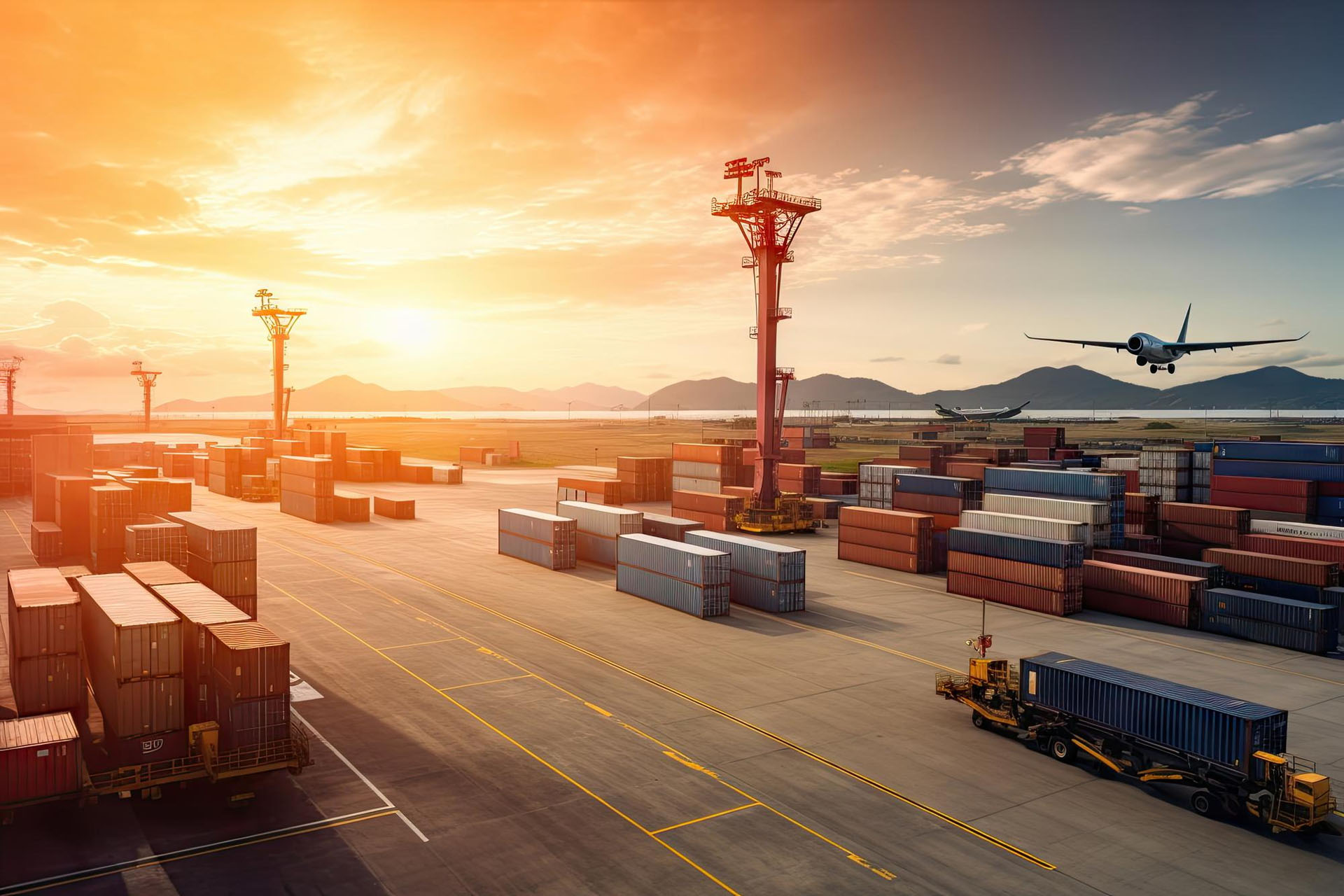 Aircraft landing at a busy cargo airport during sunset, with freight containers and machinery scattered around the tarmac.