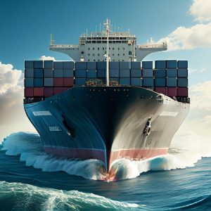 A large cargo ship laden with containers plows through ocean waves under a cloudy sky.