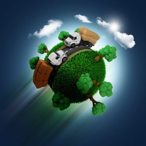Illustration of trucks driving on a circular road around a small, grassy planet with trees and clouds against a blue background with light rays.