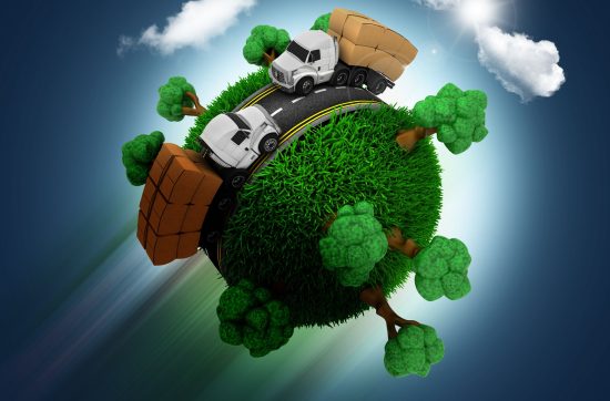 Illustration of trucks driving on a circular road around a small, grassy planet with trees and clouds against a blue background with light rays.