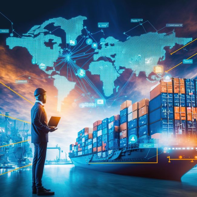 A man holding a laptop stands in a shipping container terminal, looking towards a digital world map overlay with network connectivity icons.