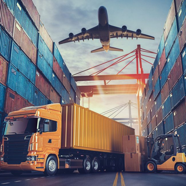 A cargo truck and forklift operate between stacked shipping containers at a port, as a plane descends overhead under a vibrant sunset sky.