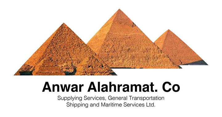 Three pyramid illustrations above text "anwar alahramat. co, supplying services, general transportation, shipping and maritime services ltd.