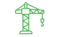 Green line drawing of a construction crane on a white background.