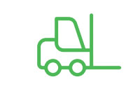 Green icon of a side view of a forklift truck, depicted in a minimalistic line art style.