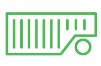 Green icon of a barcode with a shopping cart symbol on the right side.