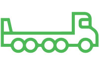 Green line art of a semi-truck with a long flatbed trailer, depicted in a simplified, stylized format.