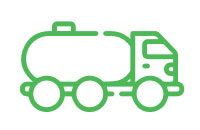 Green line art icon of a tanker truck with a cab and cylindrical tank on wheels.