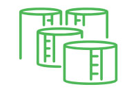 Three green cylindrical containers with measurement markings, arranged in a staggered formation.