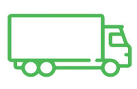 Green outline of a delivery truck icon on a white background.