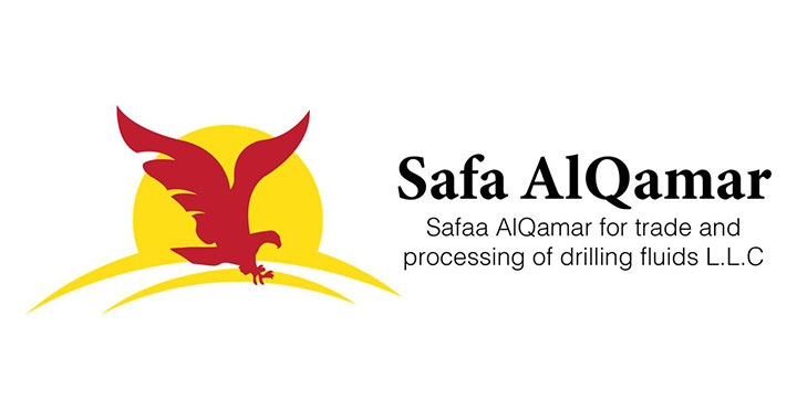 Logo of safaa alqamar, featuring a stylized red eagle above a yellow arc with the company's name and business description in black text.