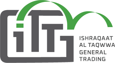 Logo of ishraqqaat al taqwwa general trading featuring stylized letter "i" inside a circular, green arch design with company name in gray.