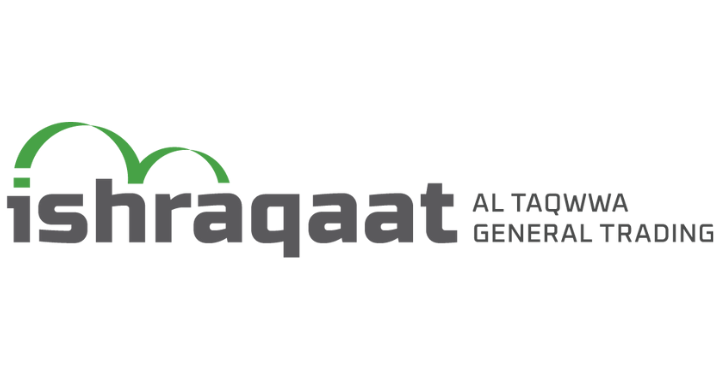 Logo of ishraqaat al taqwaa general trading featuring a gray and green design with stylized text and an abstract green arch.