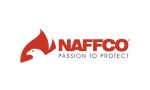 Logo of naffco featuring a stylized red flame resembling a falcon above the text "naffco" with a slogan "passion to protect" underneath.