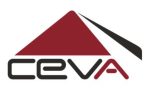 Logo of ceva featuring a stylized red and black triangle above the company name in bold black letters.